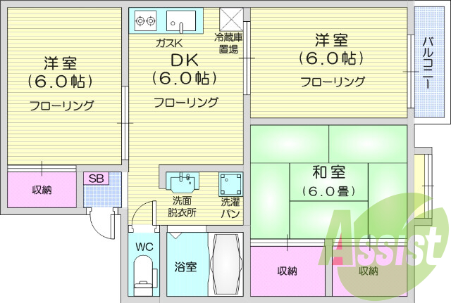 3DK、TV付きインターホン、エアコン、収納充実