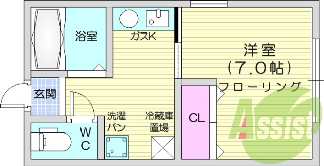 １K、エアコン、温水洗浄便座、シューズボックス、バストイレ別