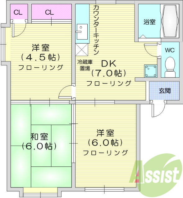 3DK、エアコン、室内洗濯機置場、角部屋