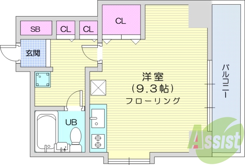 1R、都市ガス、エアコン、バルコニー、TV付インターホン。