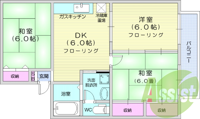 ３DK、エアコン、バルコニー、南向き、駐車場一代無料