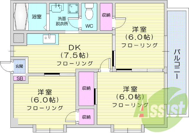 3DK、バストイレ別、陽当たり良好、室内洗濯置場