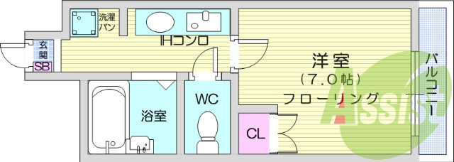 1K、エアコン、フローリング、クローゼット、シャワー