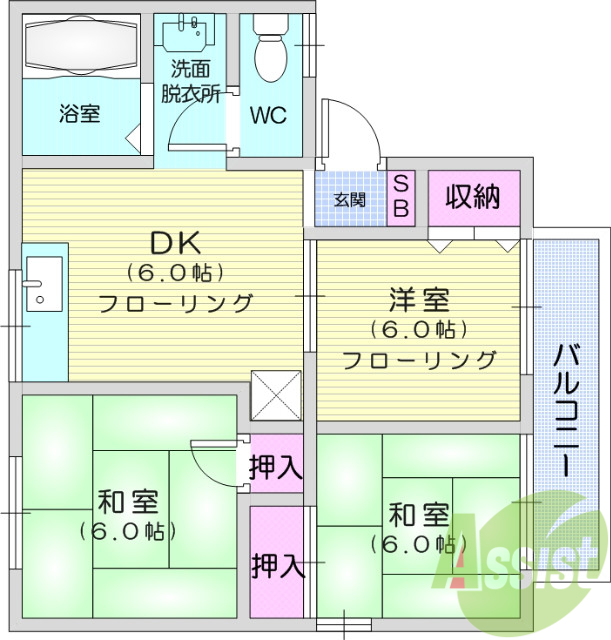 ３DK、風呂トイレ別、トランクルーム、エアコン、南向き