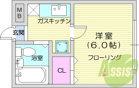 １K、エアコン、室内洗濯機置き場、バストイレ同室