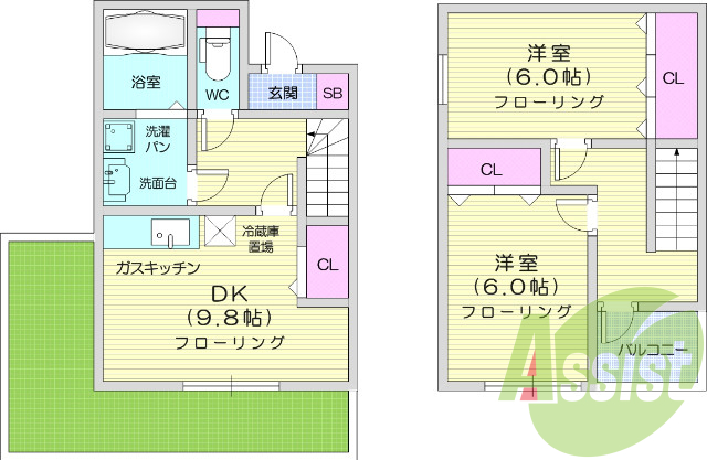 ２DK、南向き、角部屋、浴室乾燥機、追炊き、システムキッチン