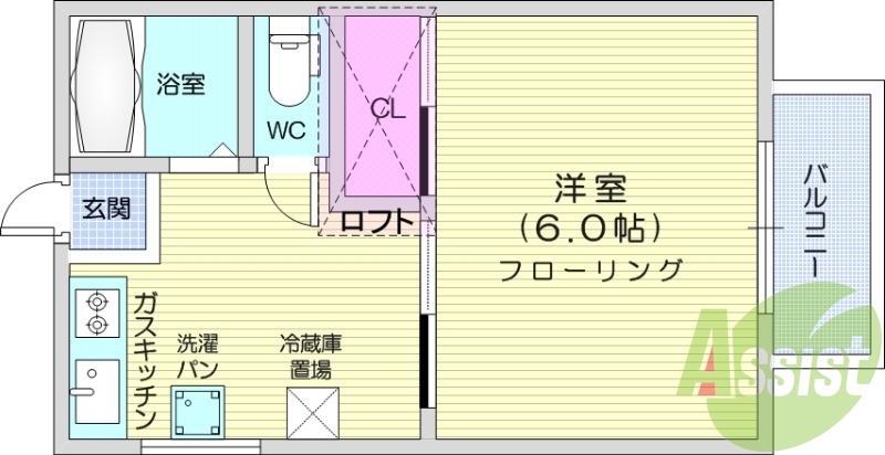 １K、バルコニー、都市ガス、バストイレ別室
