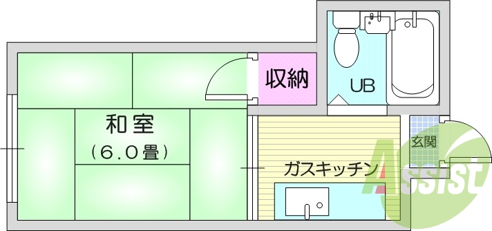 １K、和室、お風呂、トイレ、