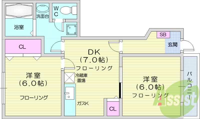 2DK、エアコン、バストイレ別、モニター付きインターホン
