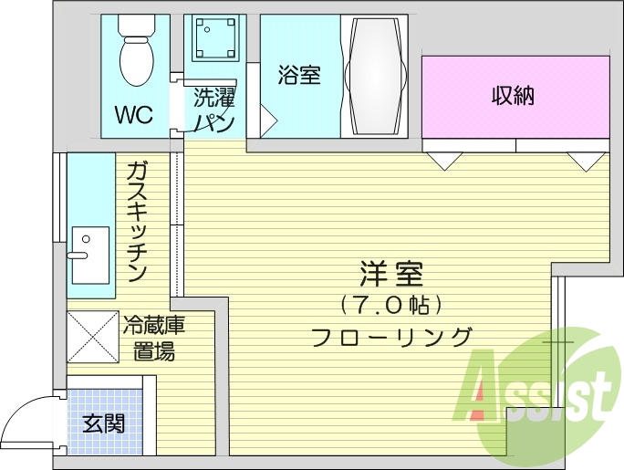 １K、エアコン、ガスコンロ設置可、バストイレ別。