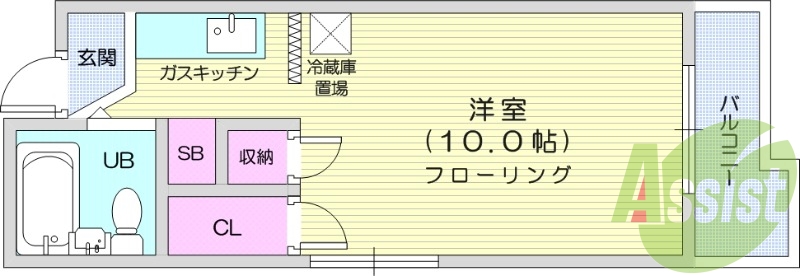 1R、都市ガス、エアコン、バルコニー、フローリング。