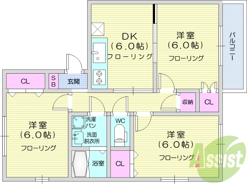 3DK、温水洗浄便座、TVインターホン、独立洗面台