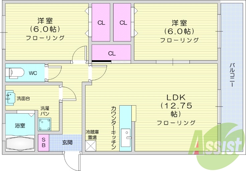 2LDK、温水洗浄便座、TVインターホン、独立洗面台