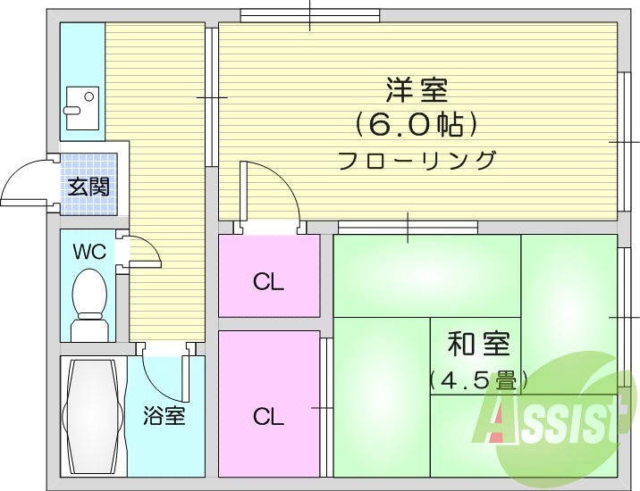 2K、都市ガス、エアコン、2階角部屋、バストイレ別