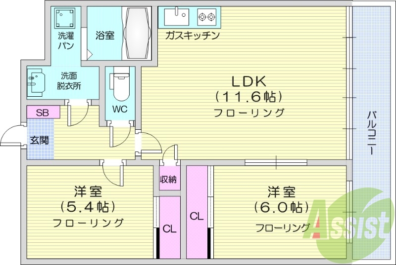 2LDK、都市ガス、追い焚き機能付き、シャンドレ
