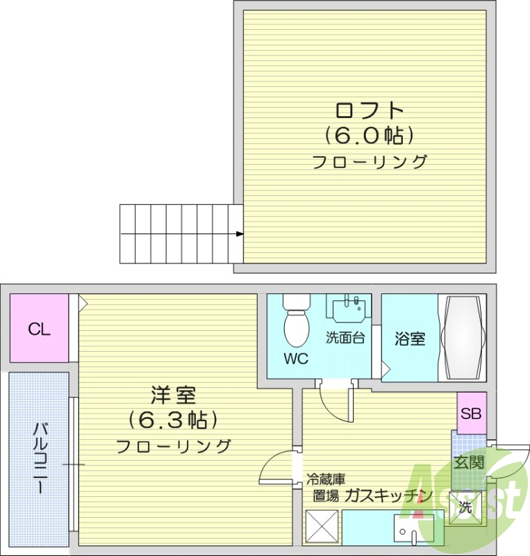 1K、ロフト付き、エアコン、バストイレ別