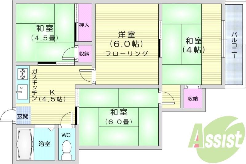 4K、バストイレ別、都市ガス、追い焚き機能