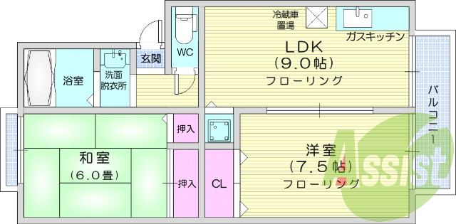 2LDK、エアコン、バルコニー、システムキッチン