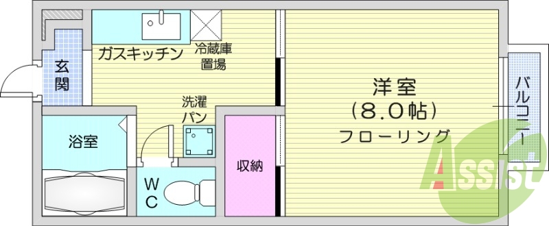 1K、エアコン、室内洗濯機置き場、照明器具