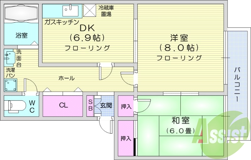 2DK、バストイレ別、温水洗浄便座付き、室内洗濯置場