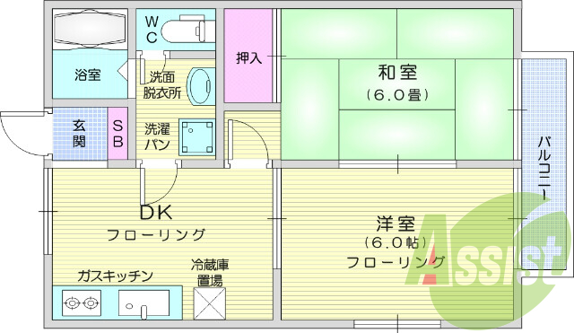 2DK、エアコン、フローリング、バルコニー、室内洗濯機置き場