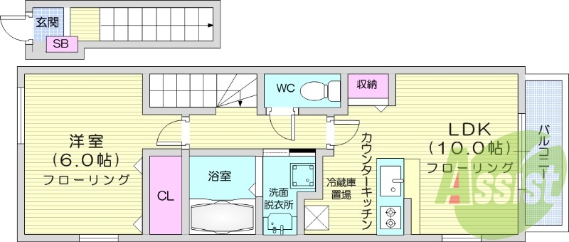 1LDK、浴室乾燥、独立洗面台、カウンターキッチン