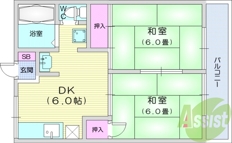 2DK、エアコン、バストイレ別、プロパン、独立洗面台