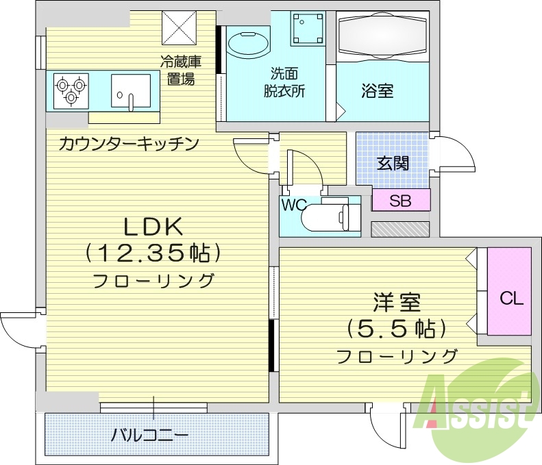 1LDK、角部屋、追い焚き、バルコニー。
