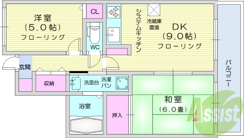 2DK、エアコン、バストイレ別、独立洗面台