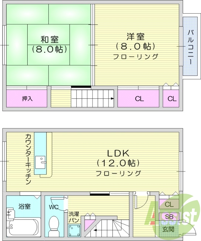 2LDK、LDK12帖、バストイレ別、カウンターキッチン