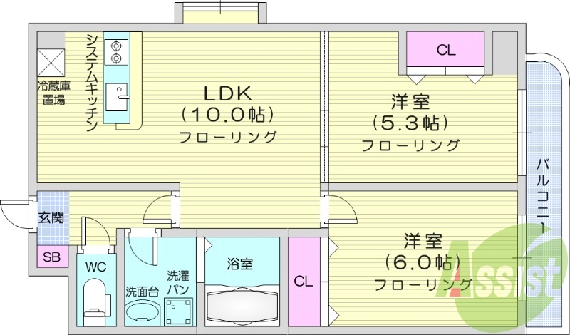２LDK、エアコン、バストイレ別、ウォシュレット