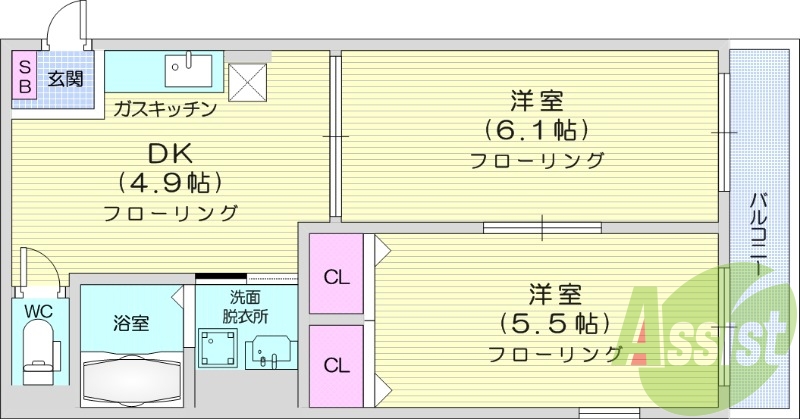 ２DK、バルコニー、クローゼット、バストイレ別