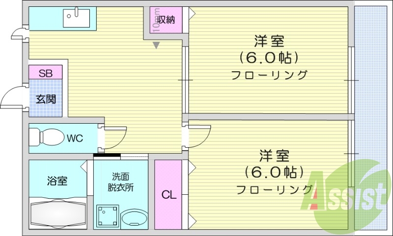 ２DK、バルコニー、クローゼット、脱衣所