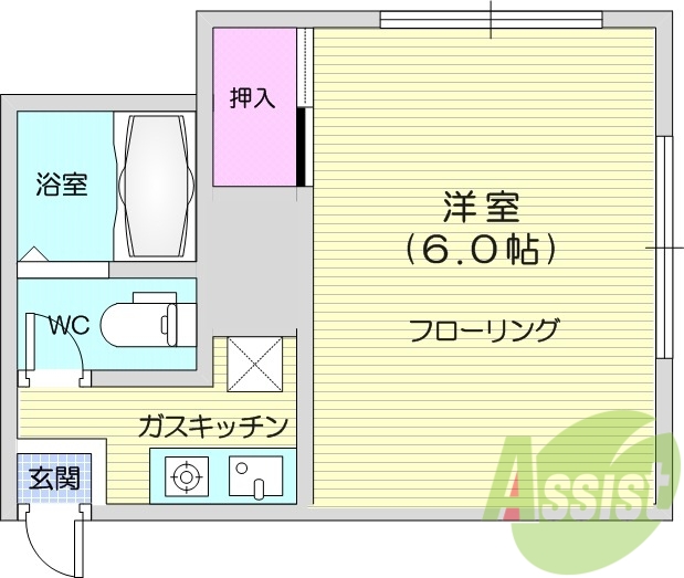 １k、ガスキッチン、押し入れ、モニターホン、バストイレ別室
