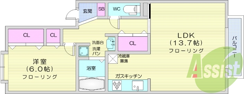 1LDK、B・T別、南向き開口部、システムキッチン