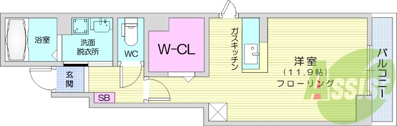 1R、カウンターキッチン、バストイレ別、バルコニー