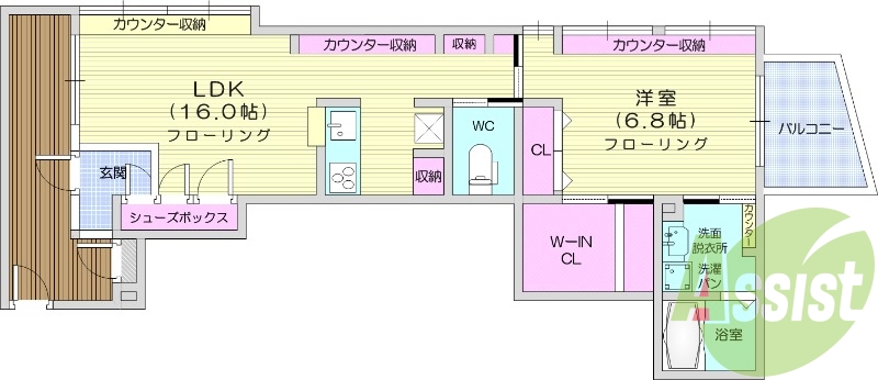 1LDK、エアコン、室内洗濯機置場、トイレ浴室別、収納