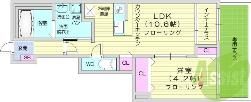 1LDK、ネット無料、カウンターキッチン、浴室乾燥機