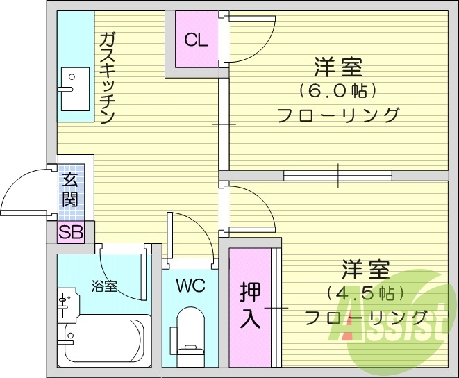 2K、追い炊き、バストイレ別、フローリング、押入