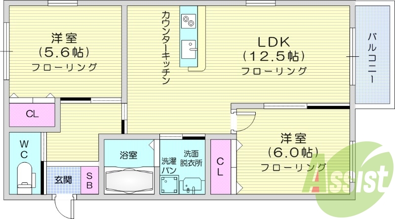 2LDK、南向き、バストイレ別、システムキッチン