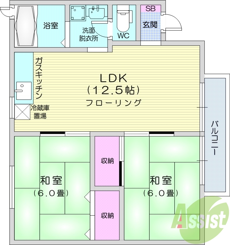 2LDK、南向き、角部屋、追い焚き、独立洗面台