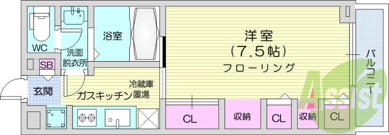 1K、エアコン、バストイレ別、浴室乾燥