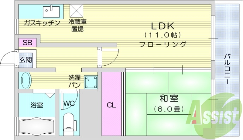 1LDK、温水洗浄便座、エアコン、バルコニー。