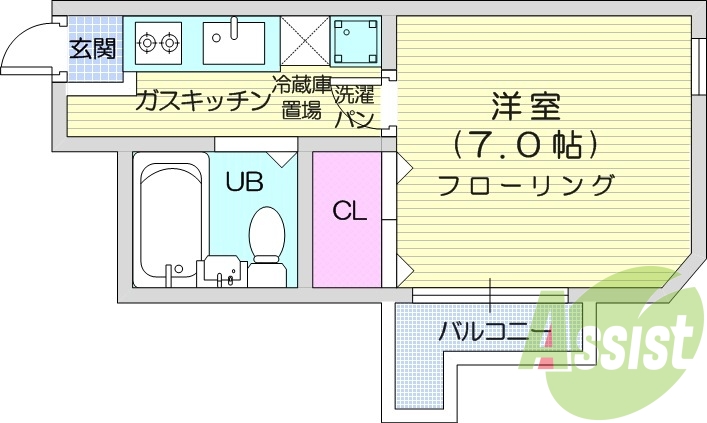 １K、エアコン、室内洗濯機置き場、ペット可