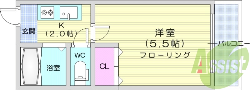 1K、エアコン、バストイレ別室、収納、ガスコンロ