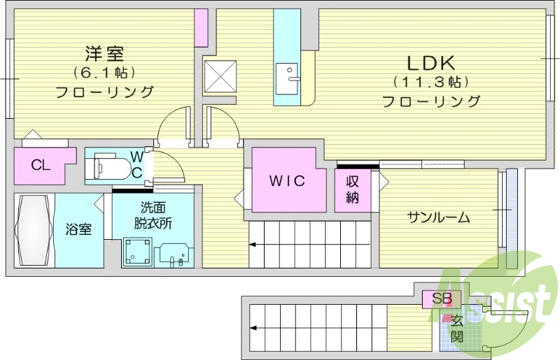 1LDK、サンルーム、浴室乾燥、宅配BOX、ウォークインCL