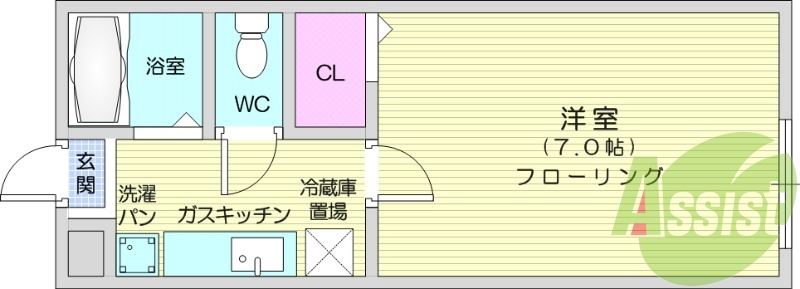 1K、給湯、エアコン、室内洗濯機置場