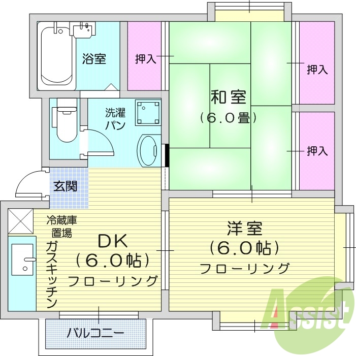 2DK、BT別、収納スペース、室内洗濯機置場、エアコン