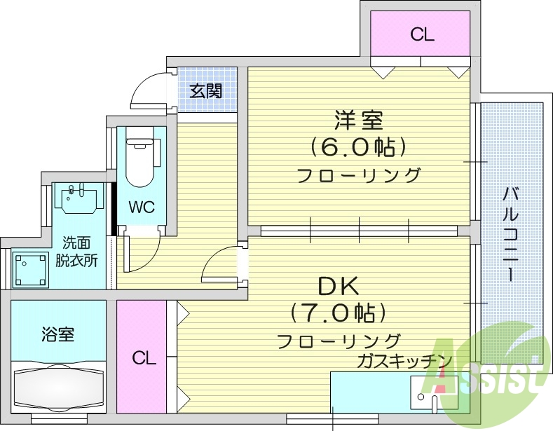 1DK、南向き、独立洗面台、室内洗濯機置場、システムキッチン