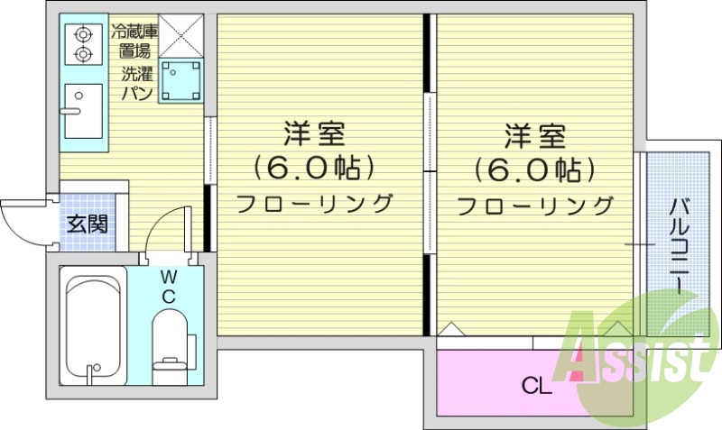 2K、バルコニー、室内洗濯機置き場、フローリング